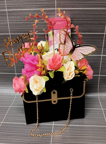 Geschenktasche schwarz mit Rosen zum Geburtstag